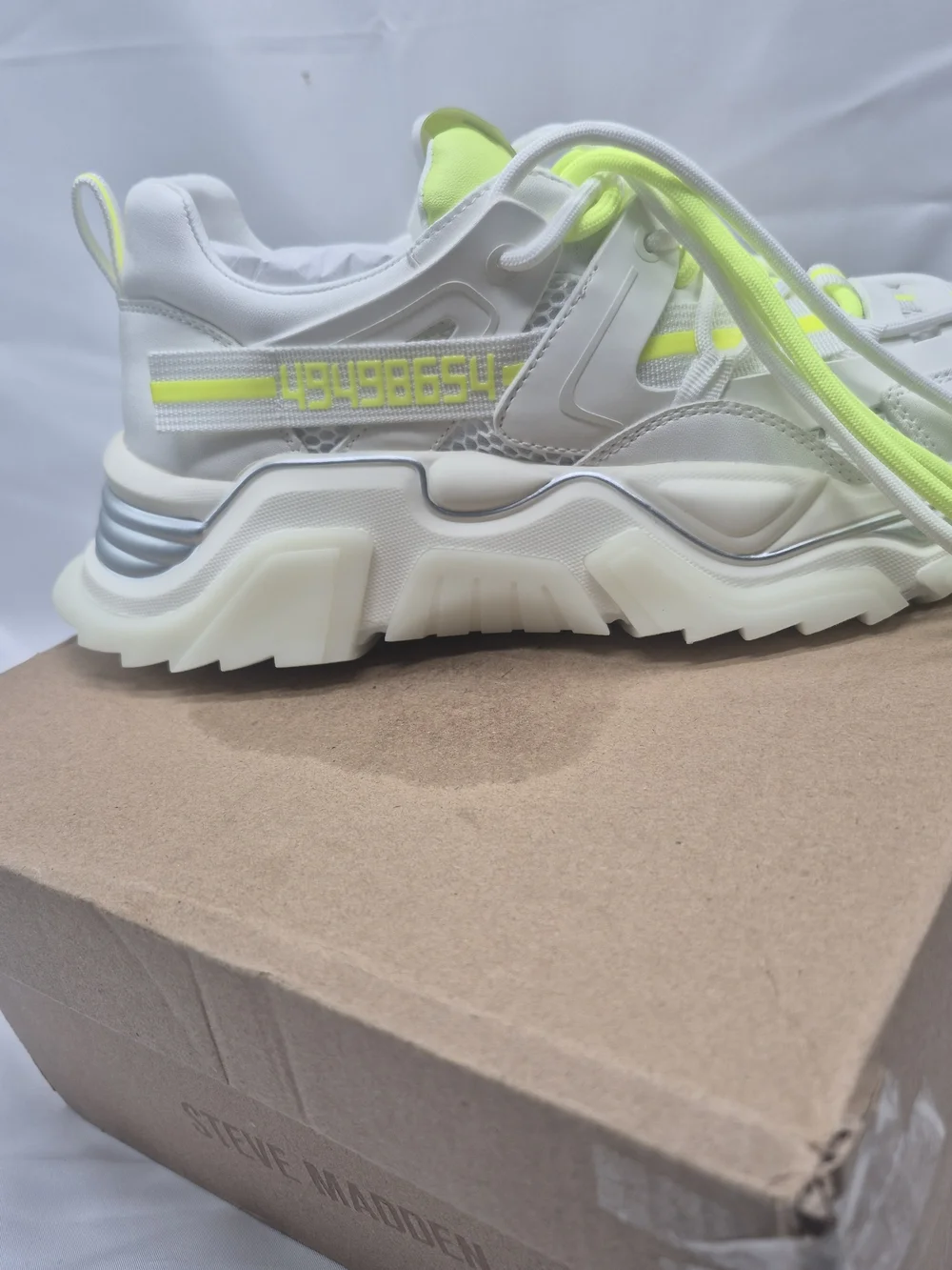 Madden White Platform Sneaker with Neon Yellow Eyelet Detail